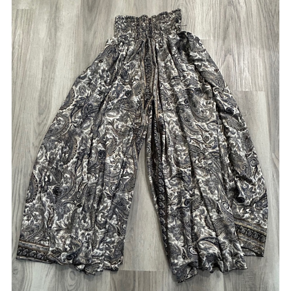 Unbranded Womens Paisley Smocked Wide Leg Viscose Pants small Grey Blue Gold